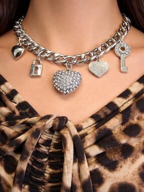 Silver Heart Charm Chunky Chain Necklace